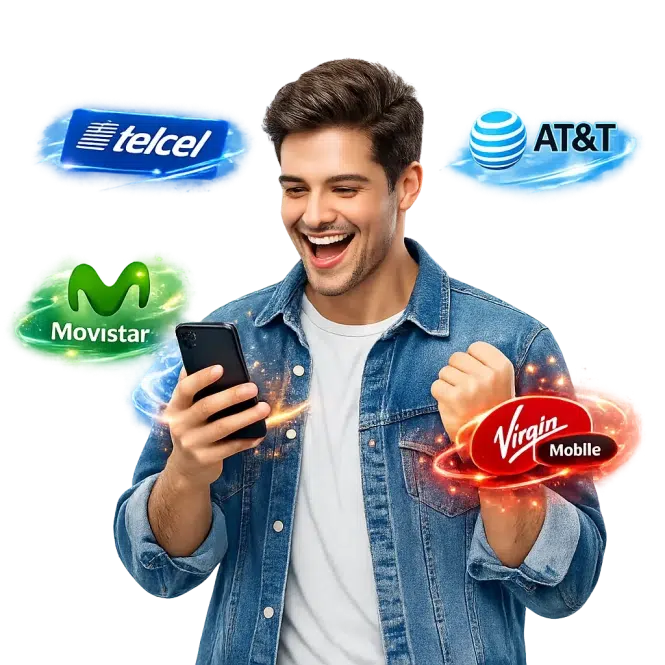 Persona usando una plataforma para vender recargas Telcel, AT&T, Movistar y Virgin Mobile en México